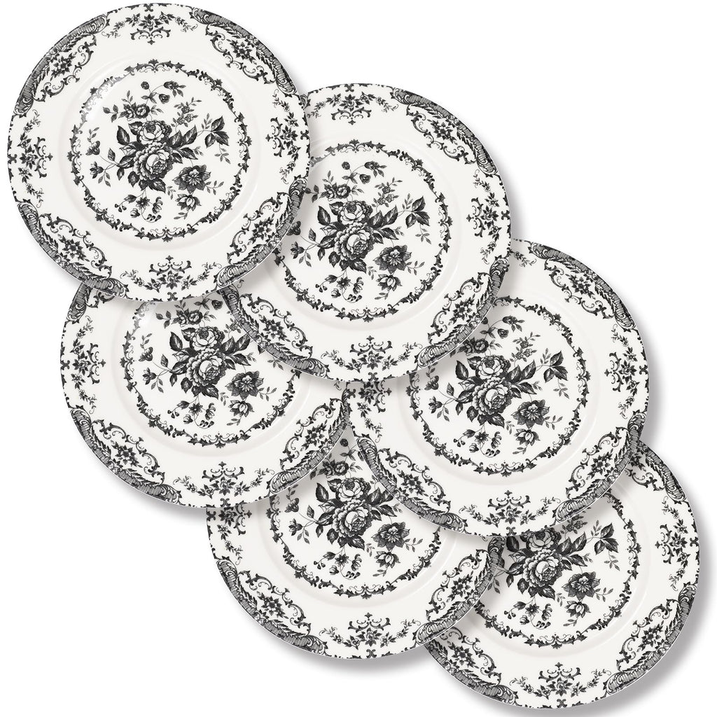Dinner Plates Set of 6, 10.5 inch Blue Rose Floral Plate | Ceramic, White Porcelain Plate, Kitchen Plates Microwave Safe, Ideal for Salad, Pasta & Dessert