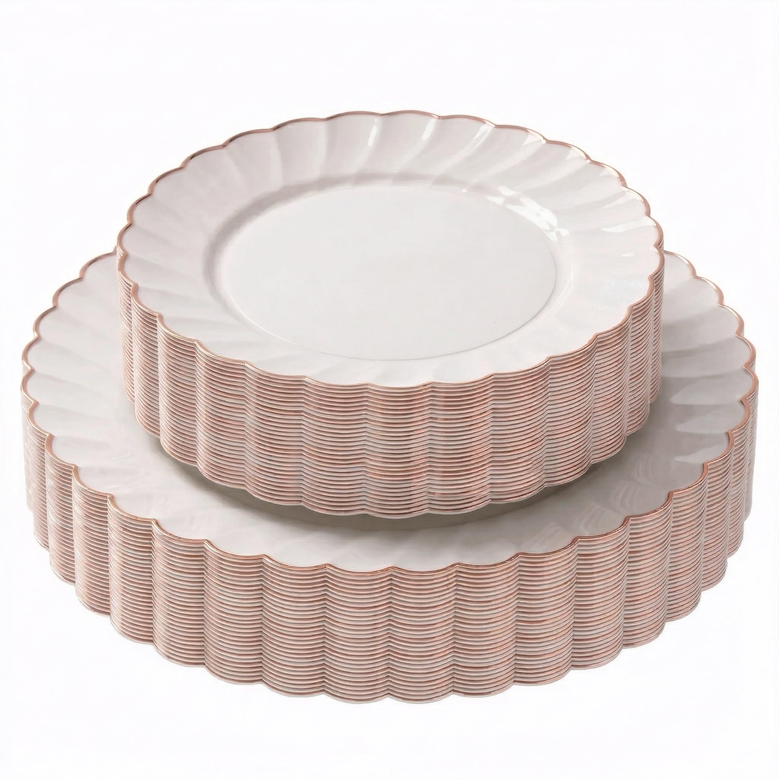 HEAVYWEIGHT Ivory Gold Scalloped Plastic Plates for Party 60 Pcs | 30% Heavier, 30 Dinner & 30 Dessert Heavy Duty Disposable Plates, Fancy Plastic Plates Wedding Shower (30 Guests))