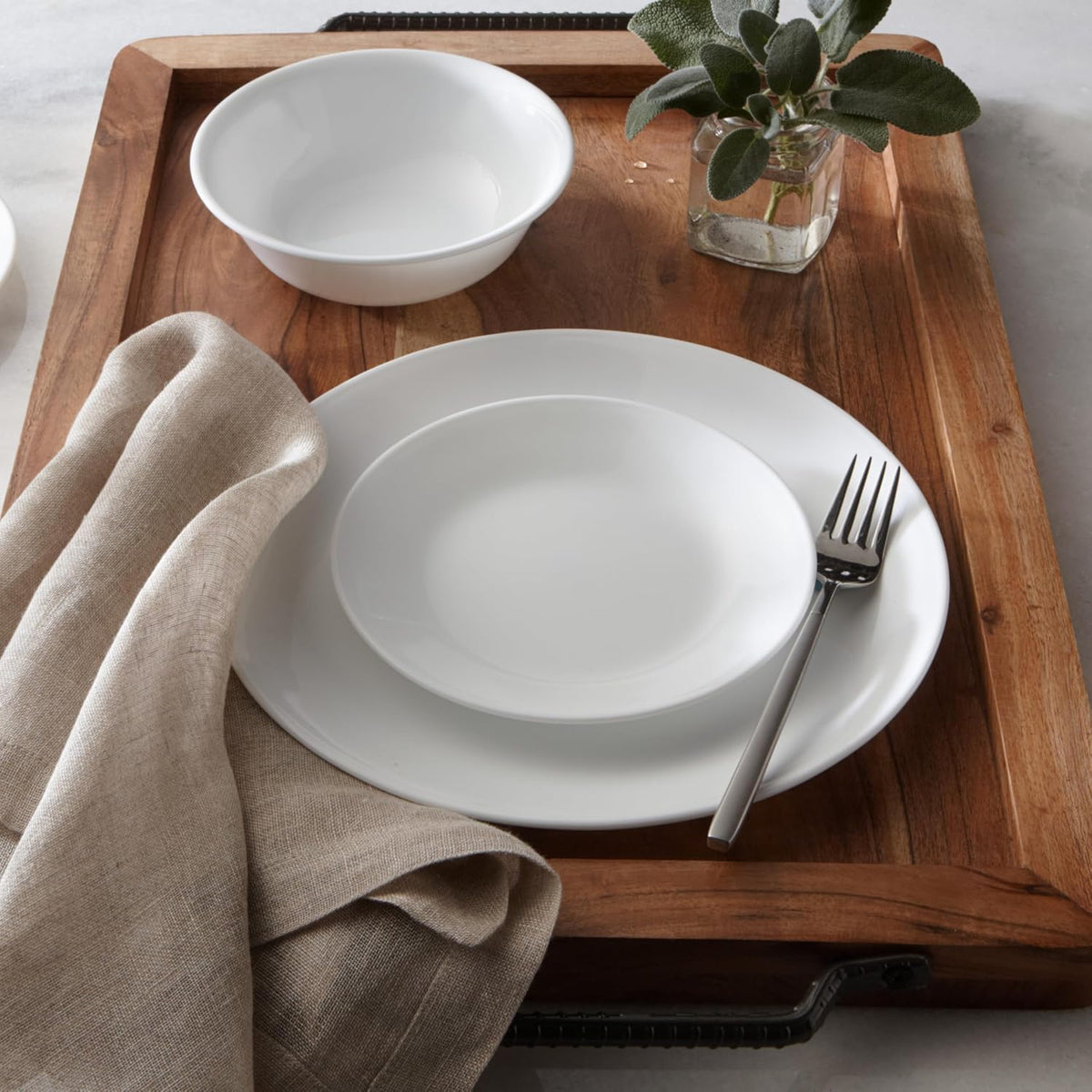 Corelle Vitrelle 18-Piece Service for 6 Dinnerware Set Triple Layer Glass and Chip Resistant, Lightweight Round Plates and Bowls Set, Winter Frost White