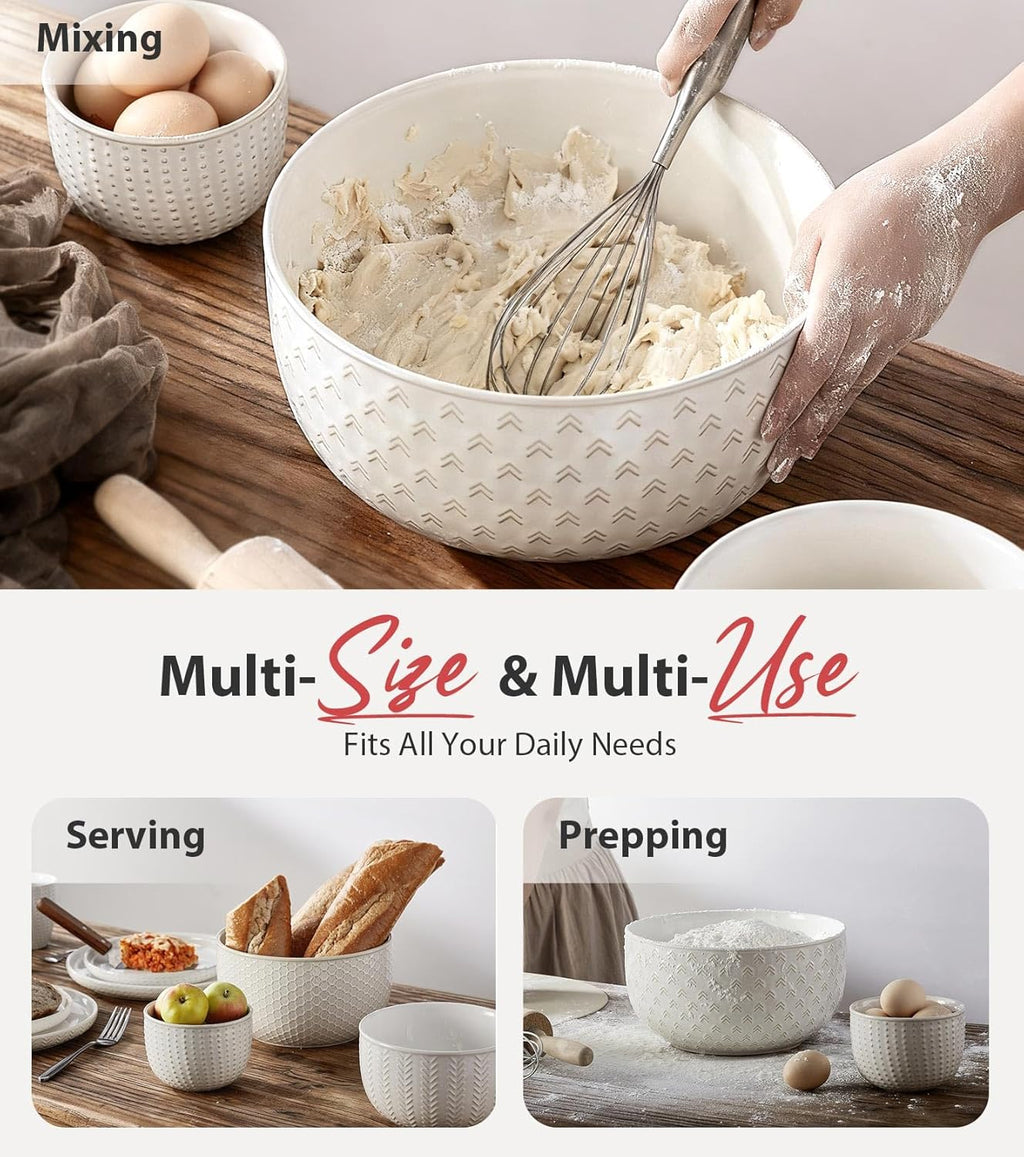 Lareina Ceramic Large Mixing Bowls Set of 4, 20/44/98/145 OZ, Ivory White | Nesting Bowls for Cooking, Baking, Salad Etc, Serving Bowls Gift, Kitchen Stoneware, Oven, Microwave and Dishwasher Safe