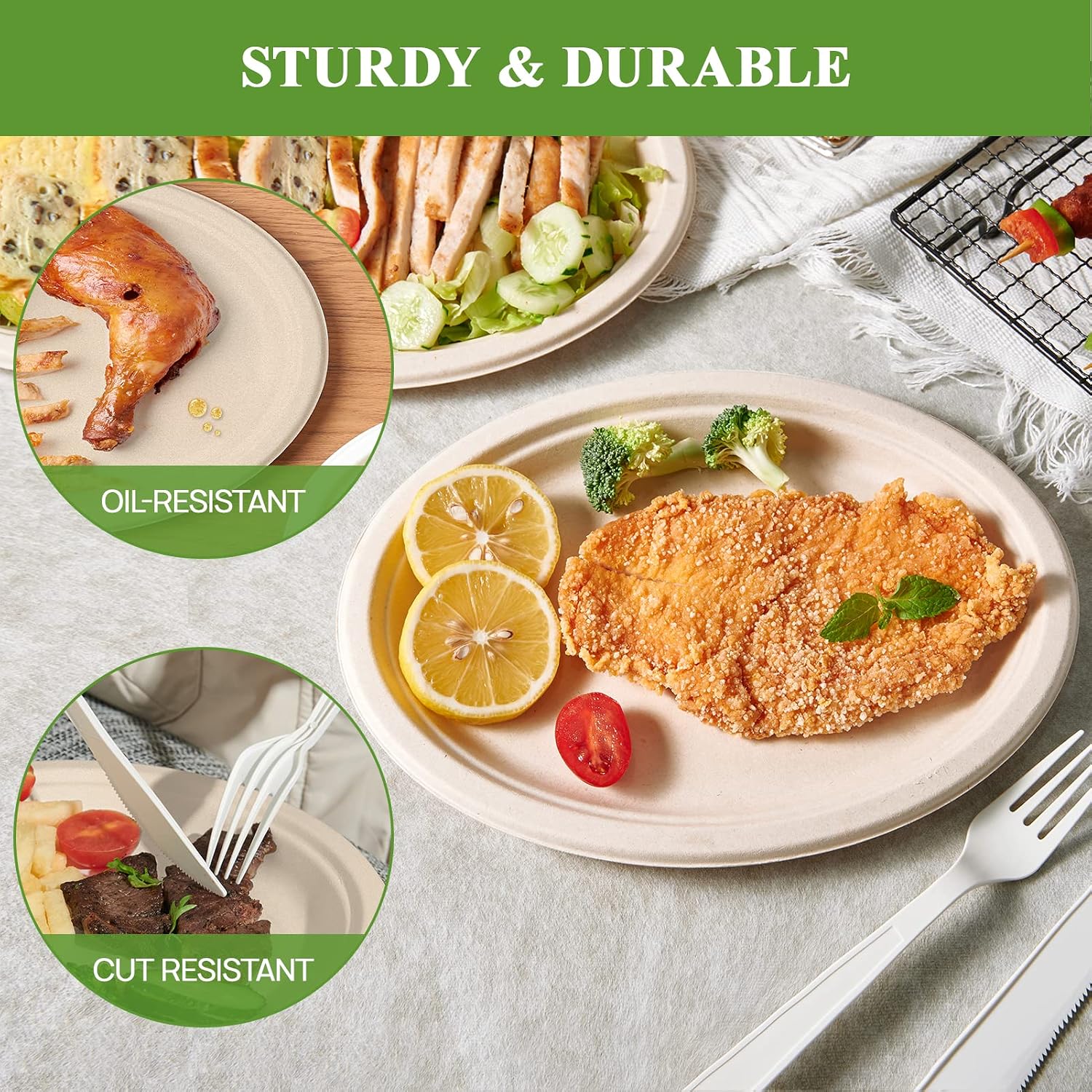 Vplus 100% Compostable Oval Paper Plates 12 inch 120 Pack, Nature | Super Strong, Disposable Paper Plates, Bagasse Natural Biodegradable, Sugarcane for BBQ, Party, Dinner, and Picnic
