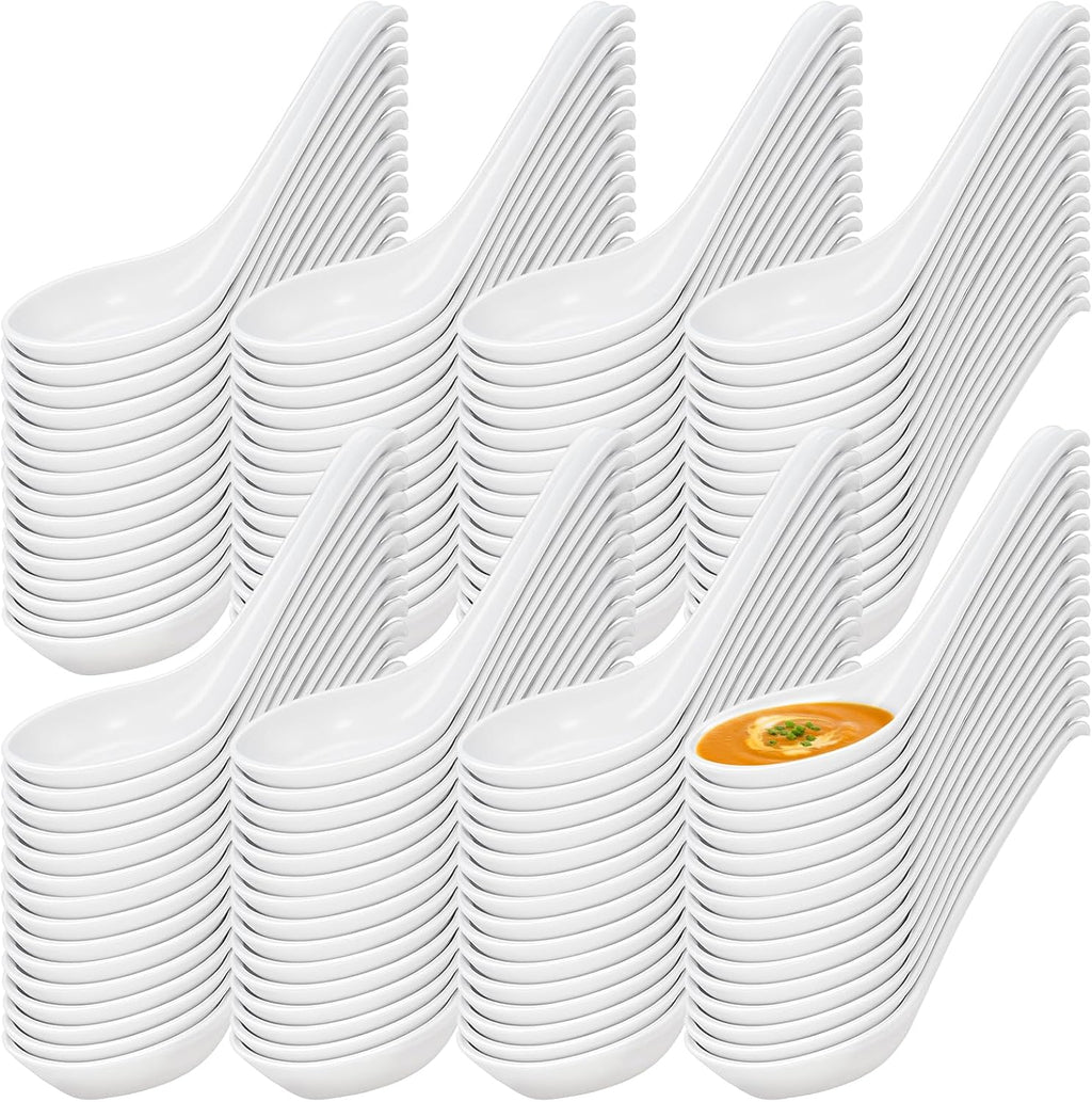 120 Pcs Asian Soup Spoon, 6.3 Inch Reusable White Plastic Spoons for Noodle Ramen Wonton Rice Dumpling Pho, Home Kitchen Restaurant, Hook Style