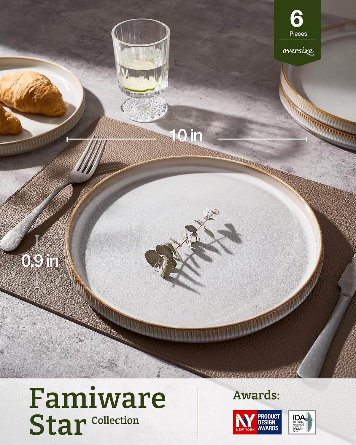 famiware Star 10/8 inches Dinner Plates Set for 6, Cappuccino White | Fine Stoneware Kitchen Plates for Salad, Dessert, Double Reactive Glaze, Microwave Dishwasher Safe, Lead-free, Cadmium-free
