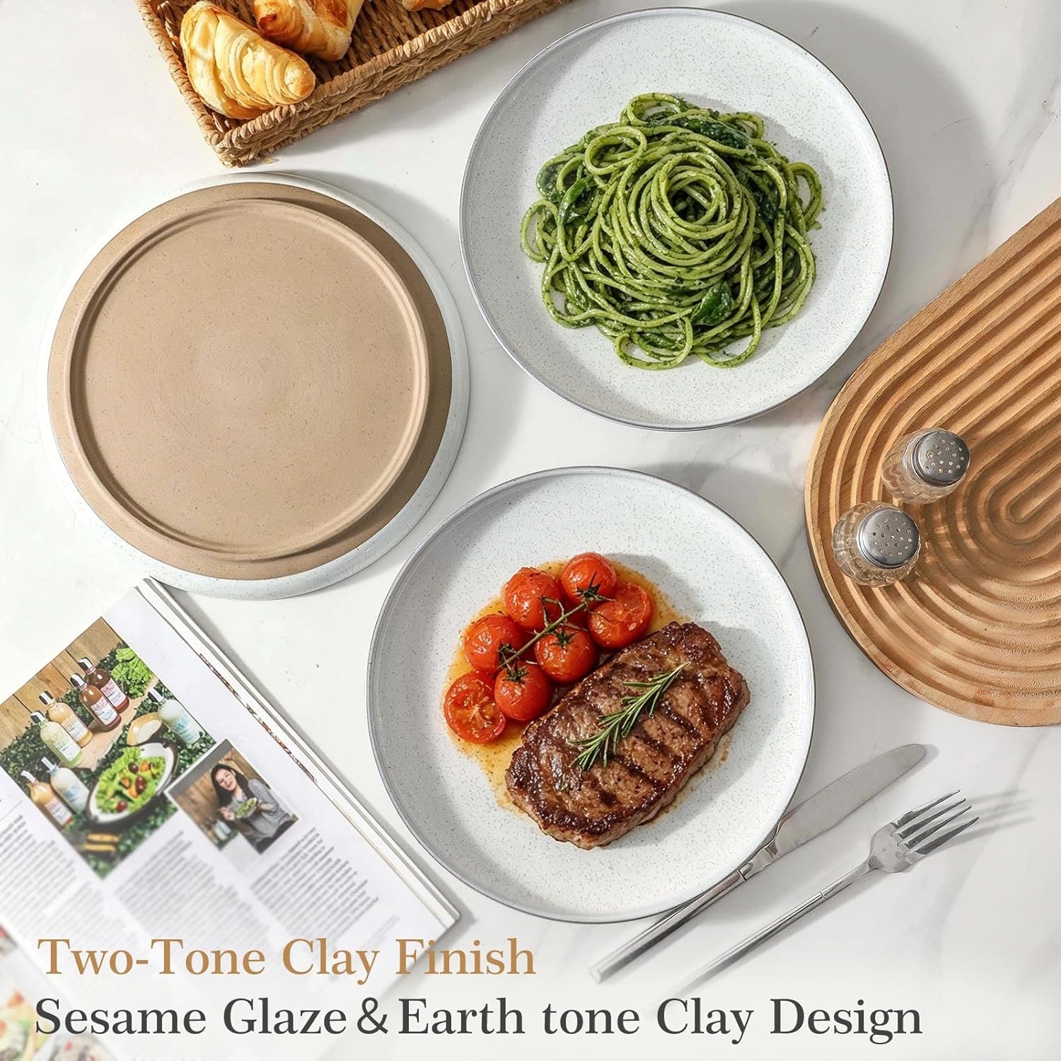 Ceramic Dinner Plates Set of 4 with High Edges, 10 Inch Glacier White Plates for Salad, Pasta and Steak, Oven＆Dishwasher Safe, Stoneware Plates with Matte Terracotta Base, Porcelain,Scratch Resistant