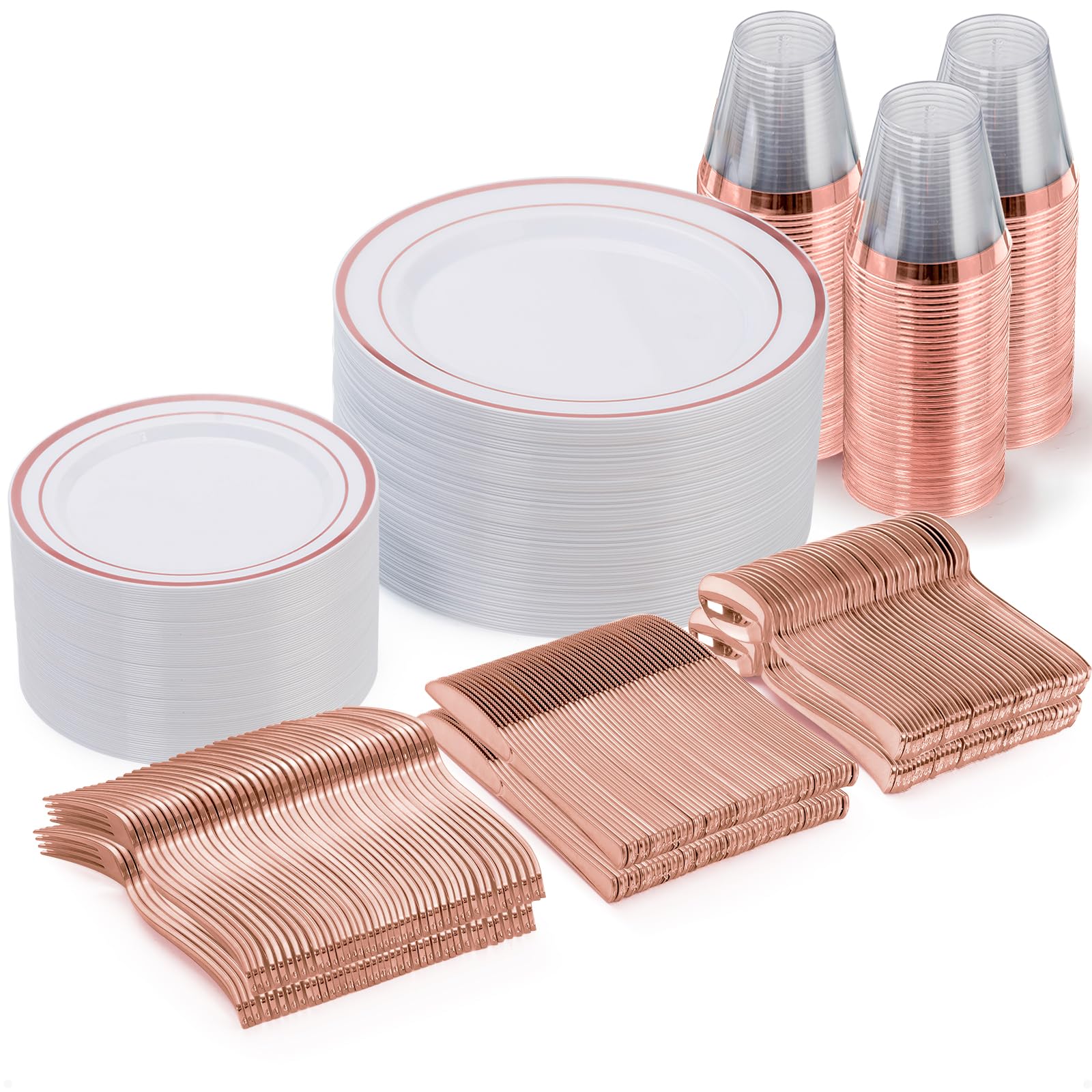 600 Pieces Gold Disposable Plastic Plates for 100 Guests | Include: Dinnerware Set of 100 Dinner and 100 Dessert Plates, 100 Spoons, 100 Forks, 100 Knives, 100 Cups Plates for Party