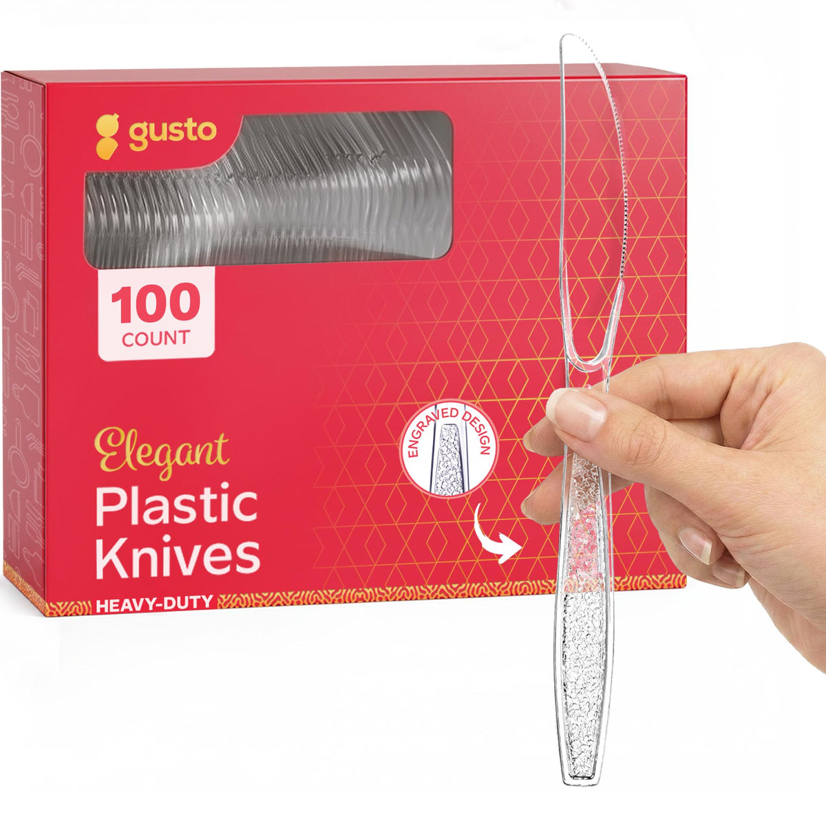 GUSTO [100 Pack] Heavyweight Clear Plastic Soup Spoons with Engraved Design - Disposable Sturdy Plastic Utensils for Parties, Weddings, and Events (Formerly Comfy Package)