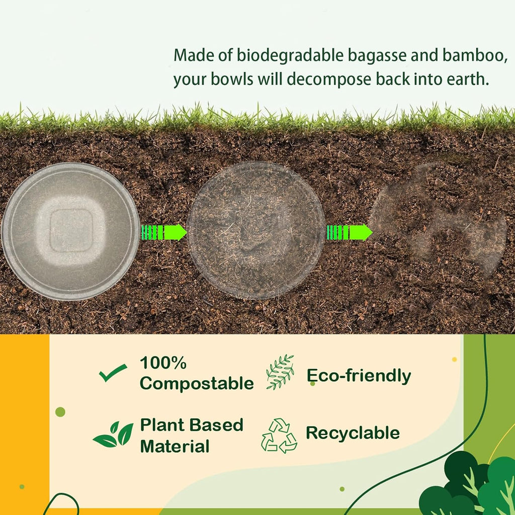 48 Oz Disposable Bowls - Heavy Duty and Compostable Bowl - Made from Sugarcane and Bamboo Fibers, Microwave Safe - Large Paper Bowl for Soup, Salad, Ramen, Popcorn, etc. [50 Pack]