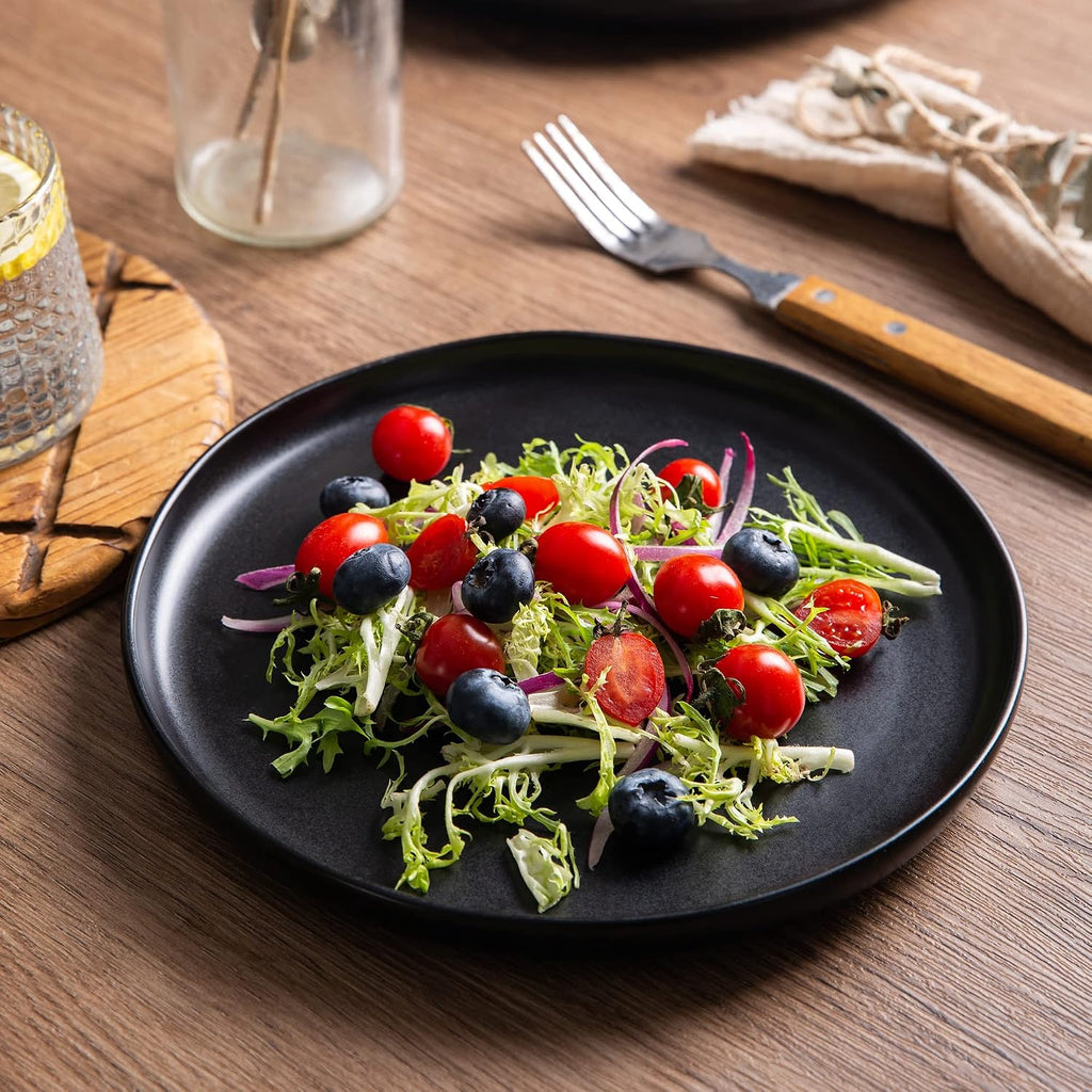 AmorArc Ceramic Dinner Plates Set of 6, 10.25 Inch Stoneware Dishes Set | Wavy Rim Shape Dinnerware Plates for Kitchen, Microwave & Dishwasher Safe, Scratch Resistant-Matte Black