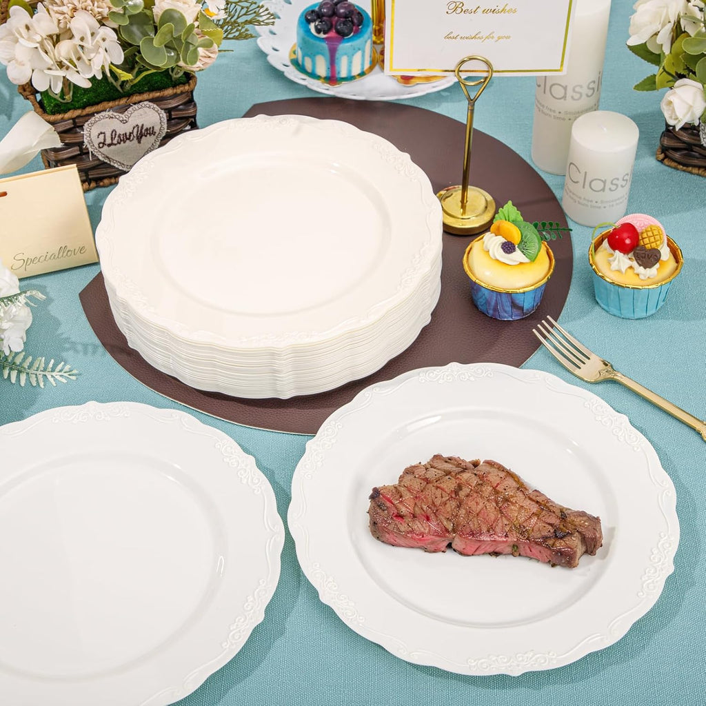 DaYammi 60PCS Ivory Plastic Plates, 10 inch Disposable Dinner Plates | Heavy Duty Ivory Disposable Plates Premium Dinner Plates Fancy Plastic Plates for Party, Wedding and Bridal Shower