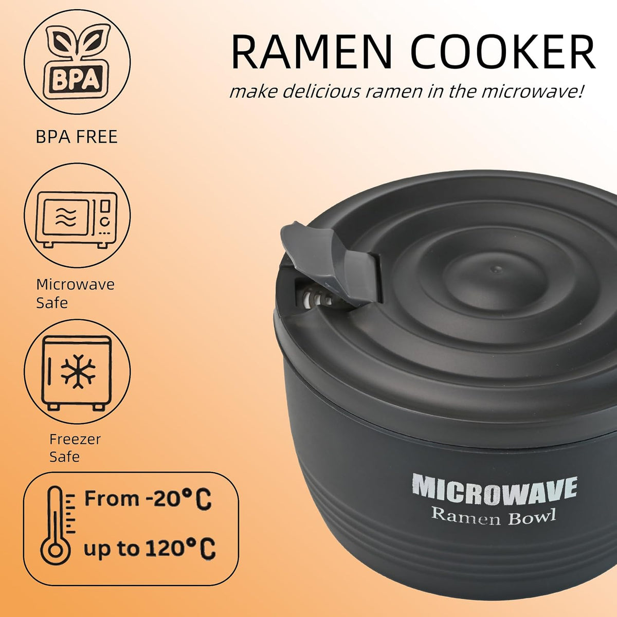 Layron Large Ramen Bowl, Ramen Noodle Bowls Microwavable 45 oz, Ramen Cooker, Microwave Pasta Cooker, Ramen Bowl Microwave Gift for College Male Female Dorm Room (black)