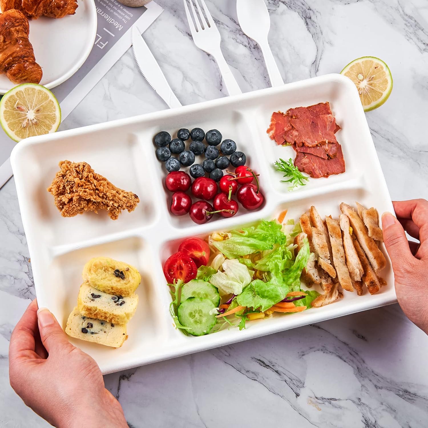 Compostable Disposable 5 Compartment Paper Plates, 12.5inch | 100 Pack, Biodegradable Sugarcane Plates, Eco-Friendly School Lunch Trays