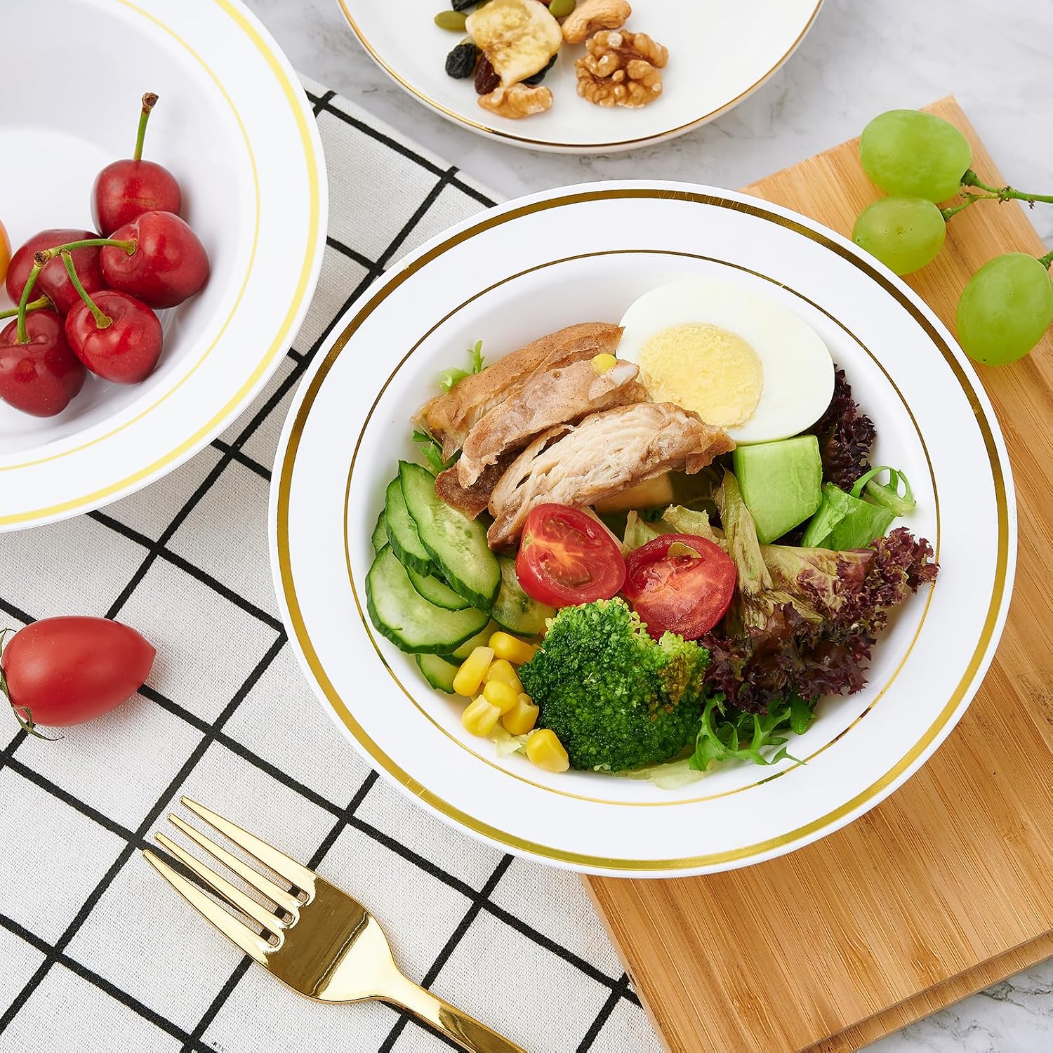 100PCS Plastic Bowls with Gold Rim 12oz Disposable Soup Bowls | Plastic Bowls for Christmas Thanksgiving Premium Dessert Salad Bowls for Wedding/Party/Halloween