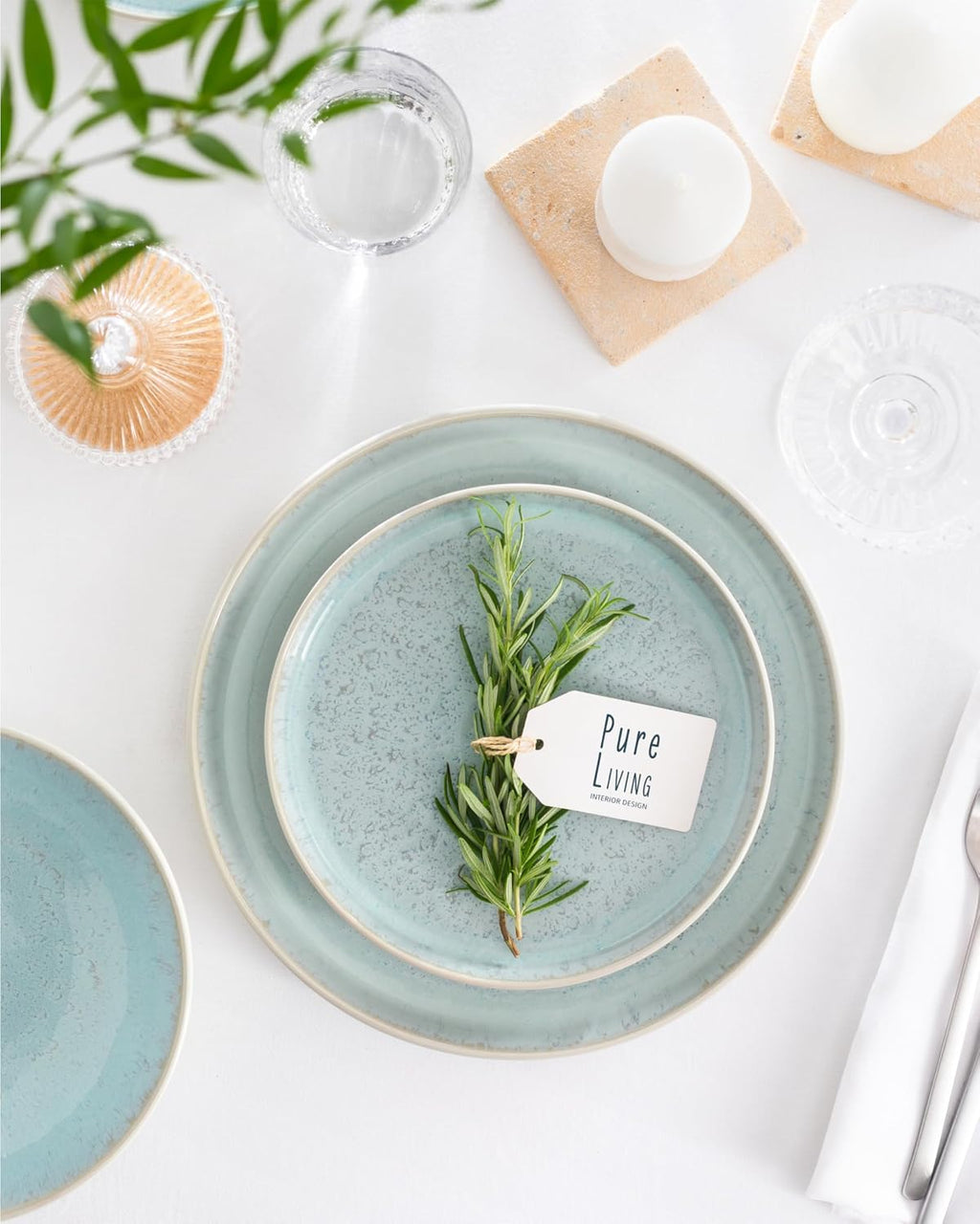 Stoneware dinner plates set 2 pcs – Light beige & blue stylish plates – Dishwasher, microwave and scratch resistant – Small salad & cake plates – Dinner service Pure Living