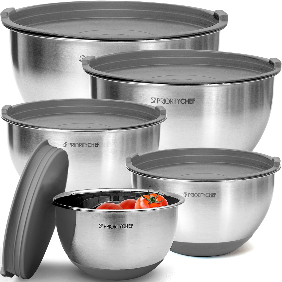 Premium Mixing Bowls With Lids Set, Airtight Lids, Thicker Stainless Steel, Non-Slip Base, 5 Nesting Steel Bowls for Kitchen, Large Prep Metal Bowl Set 1.5/2/3/4/5 Qt, Black