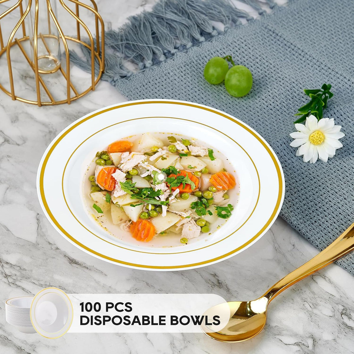 100PCS Plastic Bowls with Gold Rim 12oz Disposable Soup Bowls | Plastic Bowls for Christmas Thanksgiving Premium Dessert Salad Bowls for Wedding/Party/Halloween