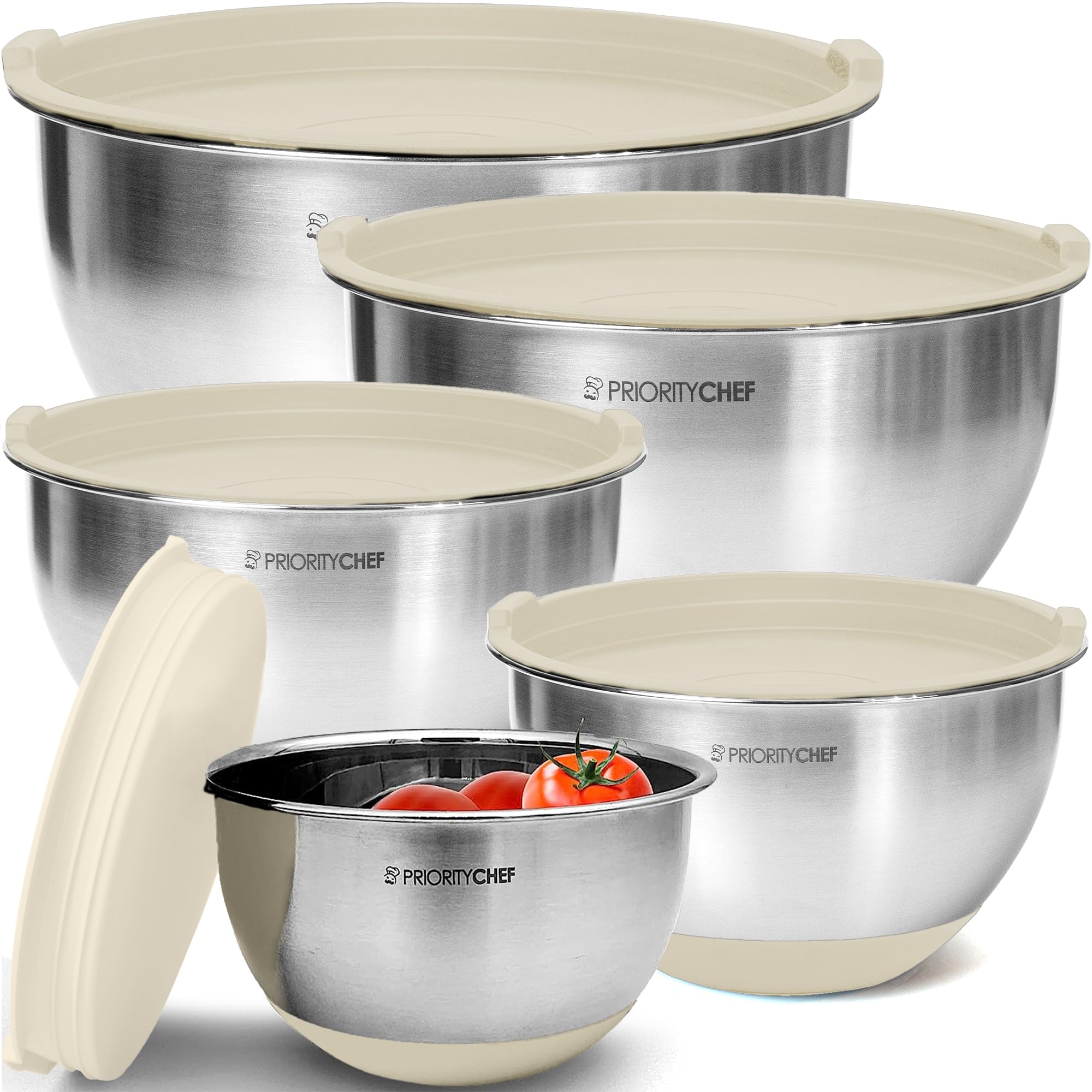 Premium Mixing Bowls With Lids Set, Airtight Lids, Thicker Stainless Steel, Non-Slip Base, 5 Nesting Steel Bowls for Kitchen, Large Prep Metal Bowl Set 1.5/2/3/4/5 Qt, Black