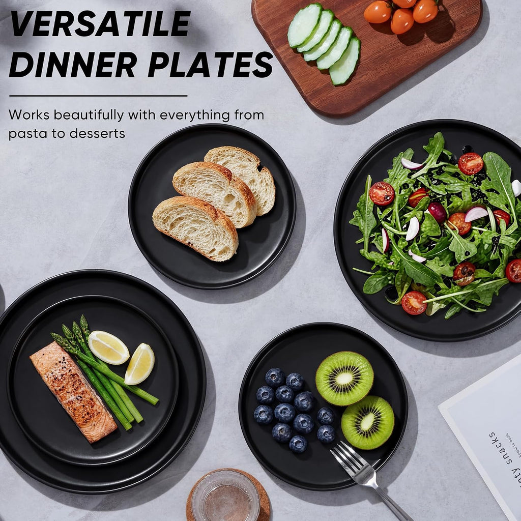 E-far Dinner Plates Set of 6, 10.5 Inch Stoneware Dinner Plate, Black | with Raised Edges, Chip & Scratch Resistant, Microwave & Dishwasher Safe Modern Ceramic Dishes for Dessert Salad, Matte Black