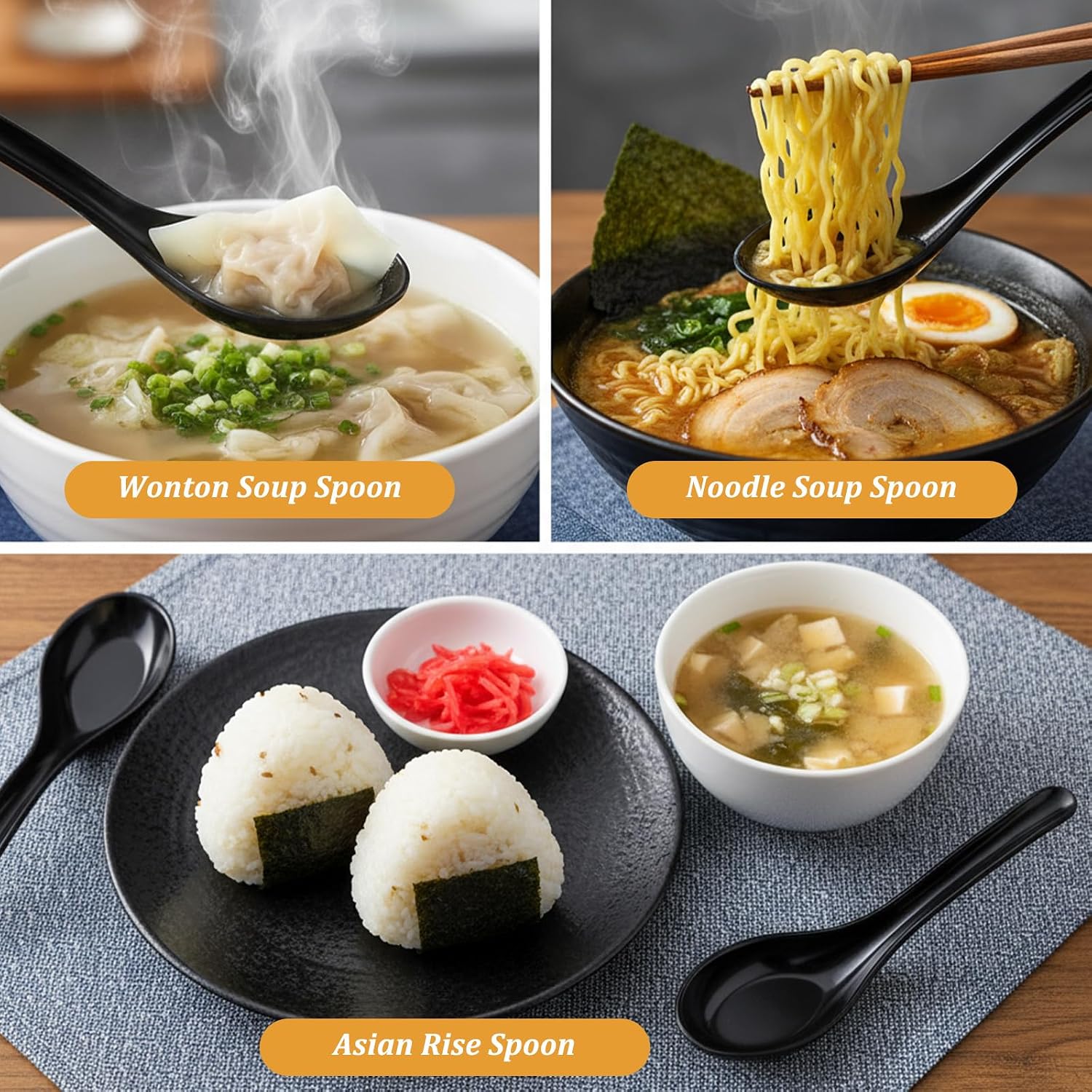 100 Pcs Reusable Melamine Asian Soup Spoon, 6.3 Inches Chinese Japanese Noodle Ramen Spoon, Wonton Rice Dumpling Pho Spoons, for Home Restaurant Kitchen
