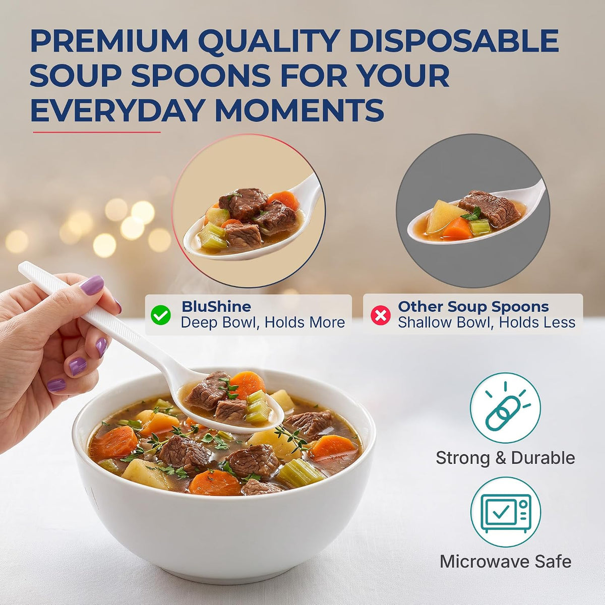 BluShine Heavy Duty Plastic Soup Spoons, Disposable Bulk Utensils | 400 Count Heavy Duty White Plastic Spoons, Strong Silverware Feel, BPA Free, Reusable, Dishwasher Safe, Catering Ready