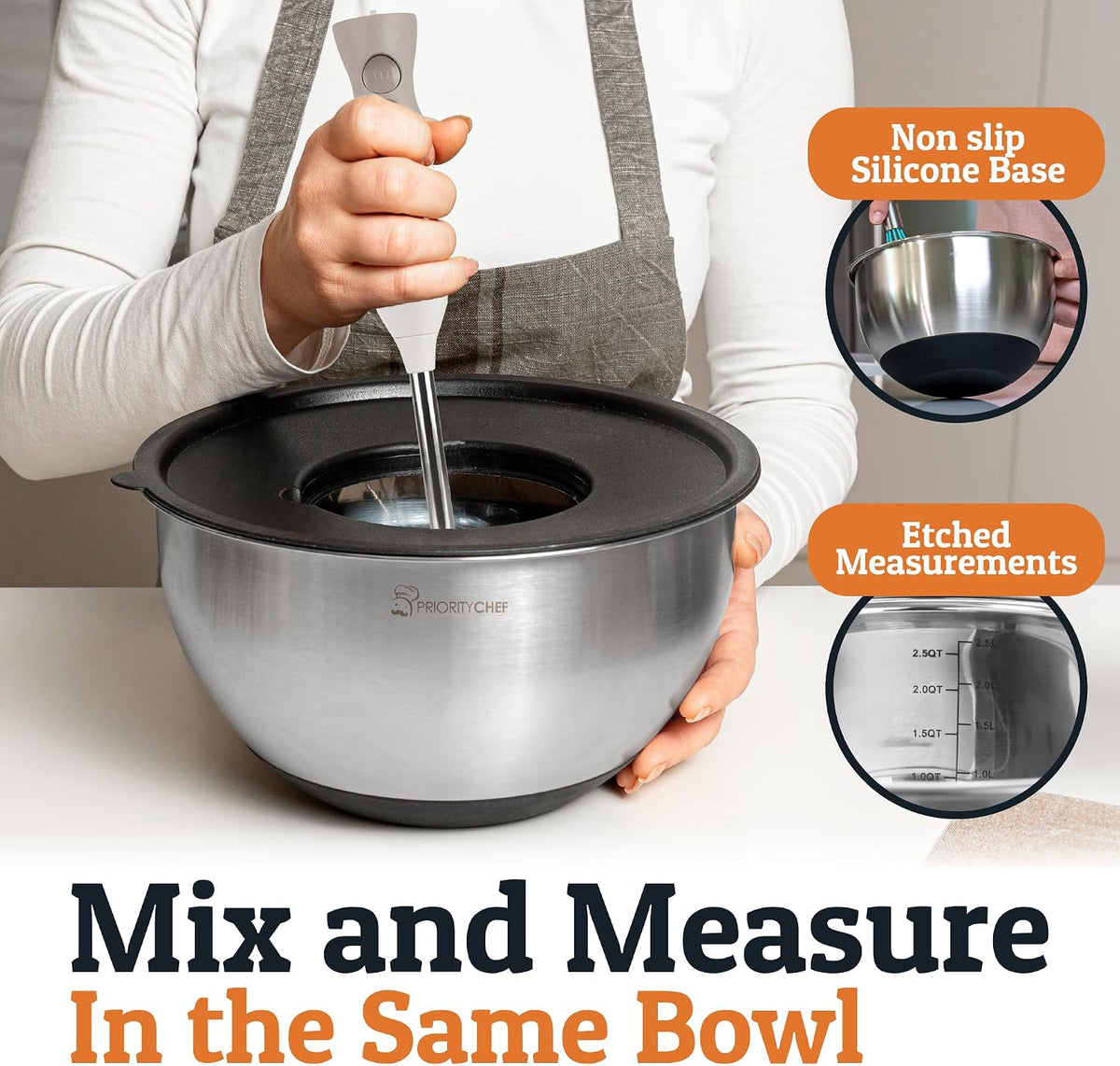 Stainless Steel Mixing Bowls with Lids Set, 3 Grater Attachments, Airtight Lids, Non-Slip Silicone Base Mixing Bowl Set, Large Prep Metal Mixing Bowls for Kitchen, Black