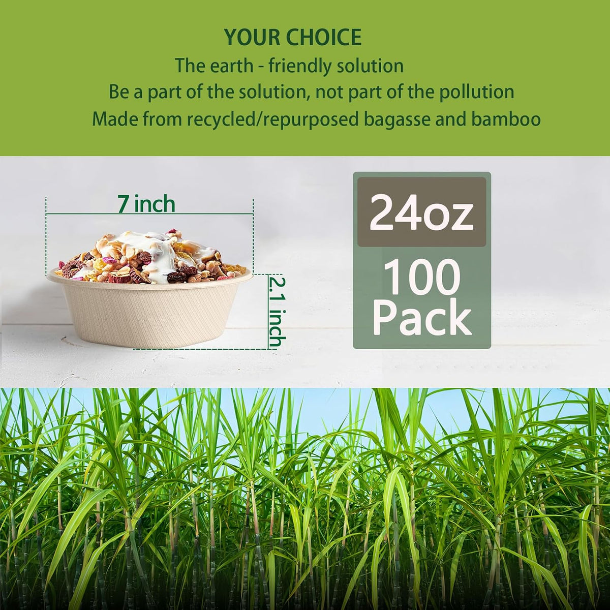 24 Oz Disposable Bowls, [100 Pack] Paper Bowls Disposable - Heavy Duty and Eco-friendly Sugarcane and Bamboo Bagasse Biodegradable Bowls for Cereal, Rice, French Fries - Convenient and Compostable