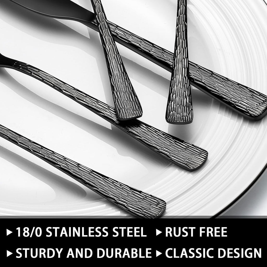 49-Piece Black Silverware Set with Organizer, Food-Grade Stainless Steel Black Flatware for 8, Cutlery Utensil Sets with Steak Knives, Rust-proof, Mirror Polished, Dishwasher Safe, Tree Pattern