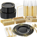 Nervure 350Pcs Gold Plastic Plates, Disposable Dinnerware Set for 50 Guests | 100 White Disposable Plates, 50 Pre Rolled Silverware Set, 50 10oz Cups, Perfect for Wedding, Party, Back to School, BPA-free