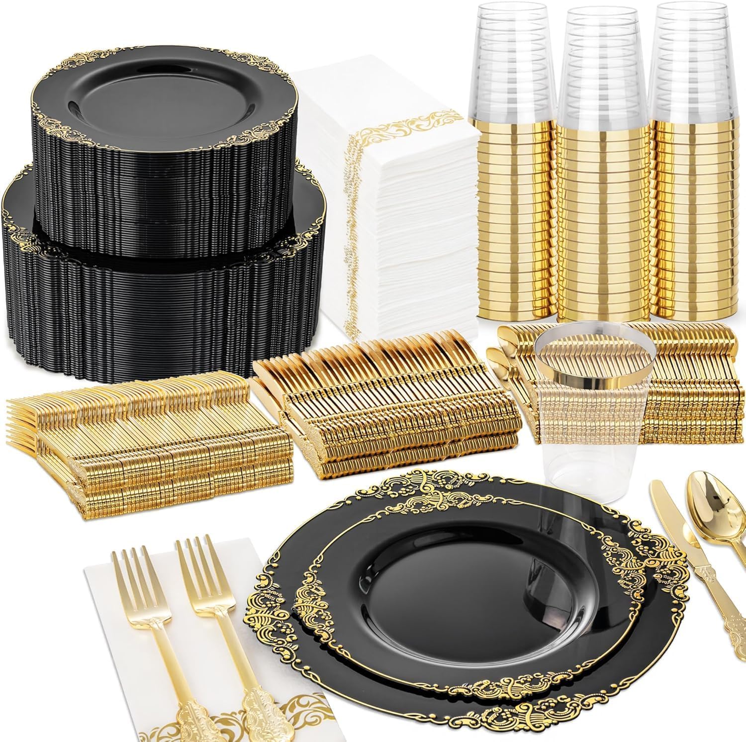 Nervure 350Pcs Gold Plastic Plates, Disposable Dinnerware Set for 50 Guests | 100 White Disposable Plates, 50 Pre Rolled Silverware Set, 50 10oz Cups, Perfect for Wedding, Party, Back to School, BPA-free