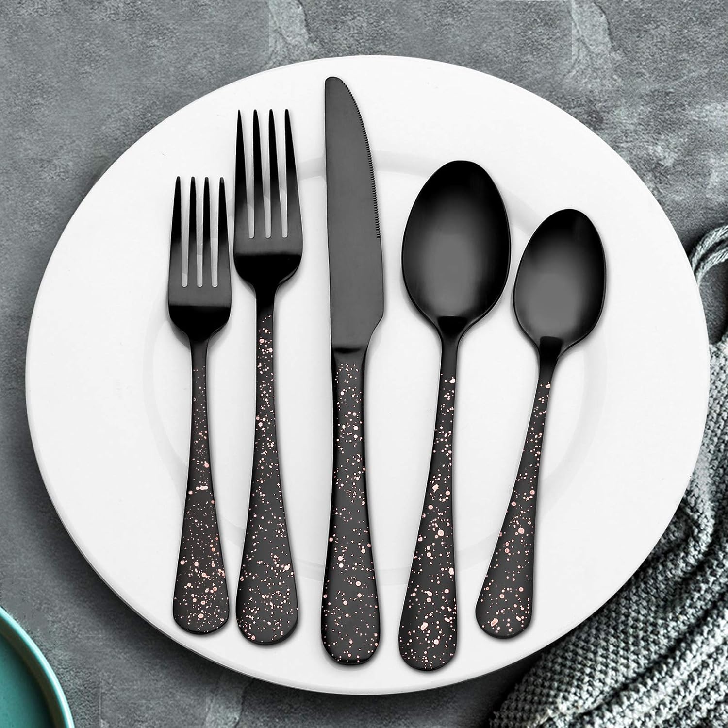 O.C.E. Matte Black Silverware Set, Stainless Steel Flatware Set, 20-Piece Tableware Cutlery Set Service for 4, Satin Finish Tableware Utensils Set, Dishwasher Safe (Starry Pink)