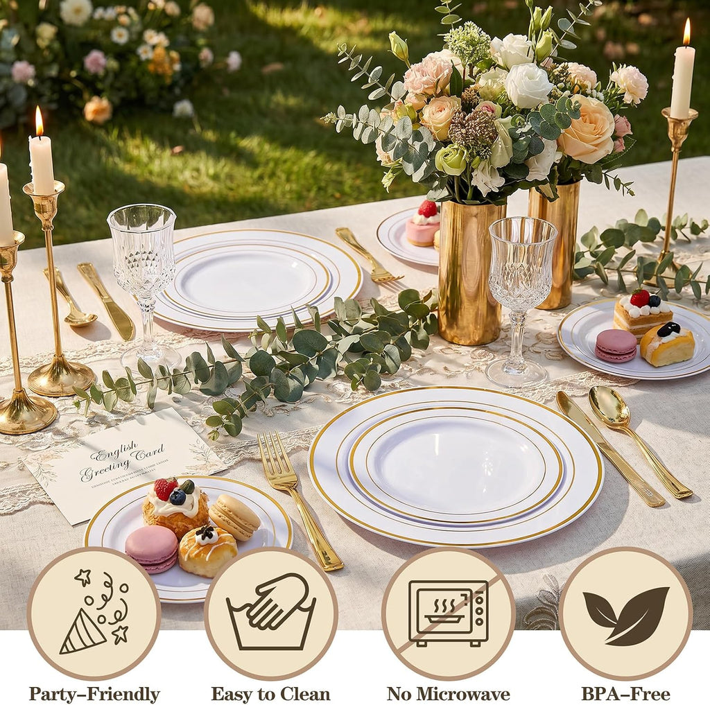 102 Pcs Gold Plastic Plates, Premium Disposable Gold Plates | Gold Rimmed Plastic Plates, BPA Free, Perfect for Wedding, Holidays, Party, 51 Dinner(10.25’’) & 51 Dessert(7.5’’) Plates