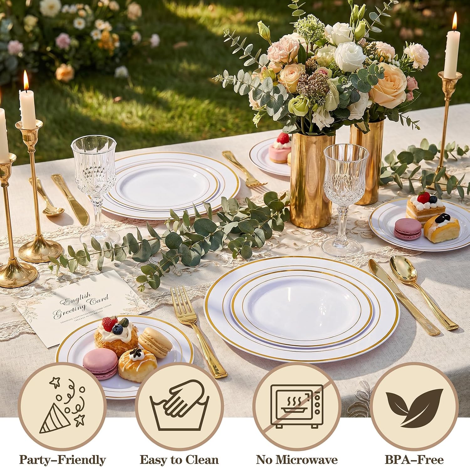 102 Pcs Gold Plastic Plates, Premium Disposable Gold Plates | Gold Rimmed Plastic Plates, BPA Free, Perfect for Wedding, Holidays, Party, 51 Dinner(10.25’’) & 51 Dessert(7.5’’) Plates