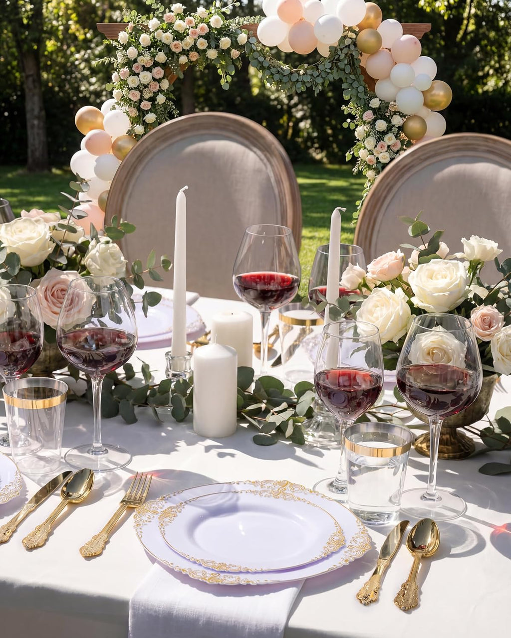 Nervure 350Pcs Gold Plastic Plates, Disposable Dinnerware Set for 50 Guests | 100 White Disposable Plates, 50 Pre Rolled Silverware Set, 50 10oz Cups, Perfect for Wedding, Party, Back to School, BPA-free