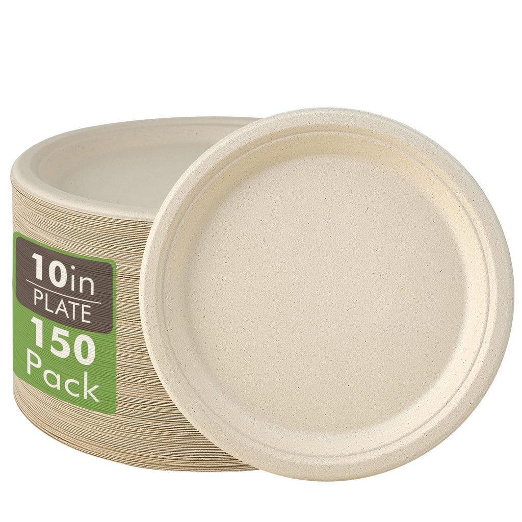 Vplus 150 Pack Compostable Disposable Paper Plates 10.25 inch Super Strong Paper Plates 100% Bagasse Natural Biodegradable Eco-Friendly Sugarcane(white)