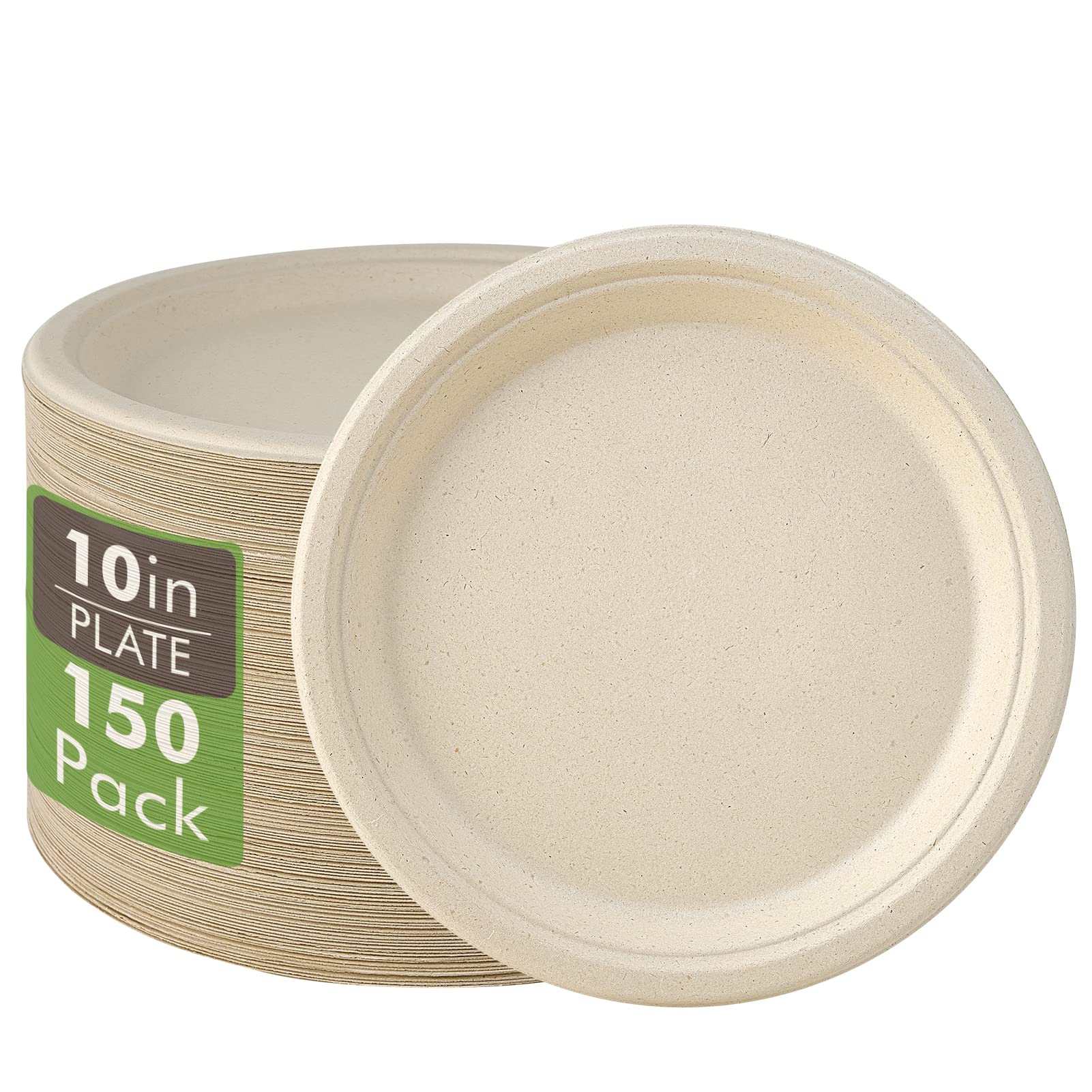 Vplus 150 Pack Compostable Disposable Paper Plates 10.25 inch Super Strong Paper Plates 100% Bagasse Natural Biodegradable Eco-Friendly Sugarcane(white)