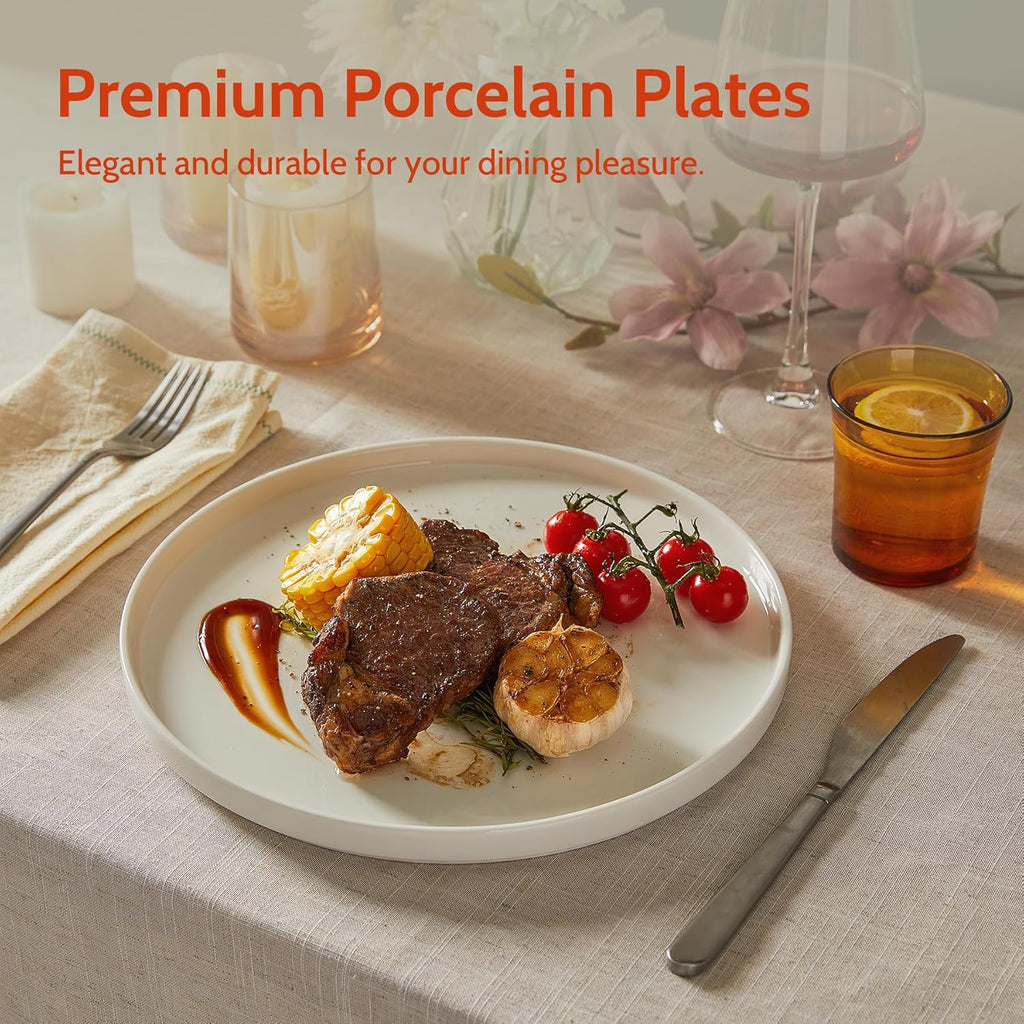 Sweese Porcelain Flat Dinner Plates Set of 6, 10.5 Inch High Edge Dish Set - Dishwasher, Microwave, Oven Safe, Scratch Resistant, Kitchen Serving Dishes - Elegant White Glaze