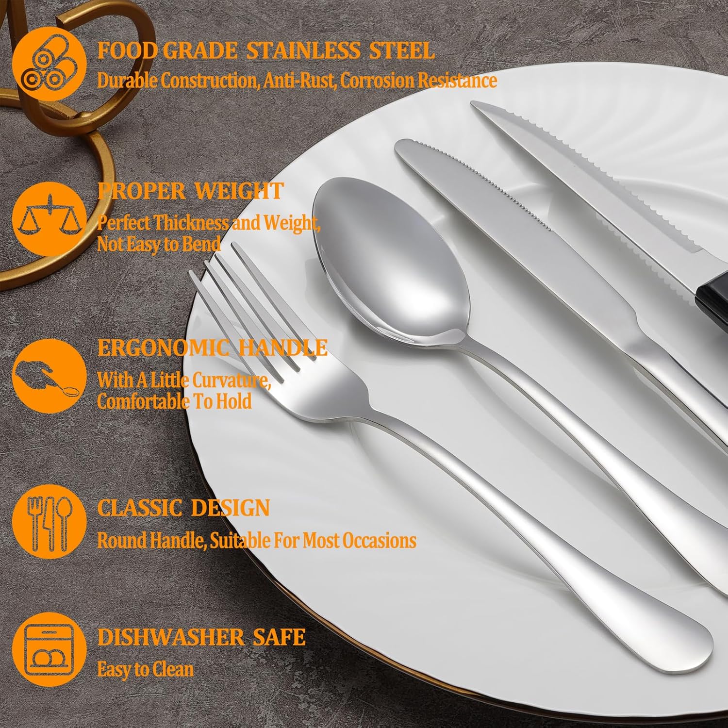 24 Pcs Silverware Set with Steak Knives for 4, Stainless Steel Flatware Set, Mirror Polished Cutlery Utensil Sets, Home Kitchen Eating Tableware, Dishwasher Safe
