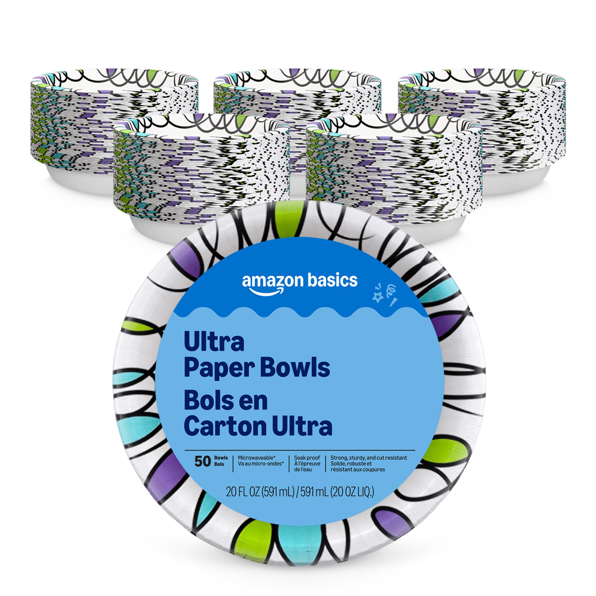 Amazon Basics Ultra Disposable Paper Bowls, 20 Oz, Microwave Safe, Soak Proof, Strong & Sturdy, White, 50 Count, Packaging May Vary