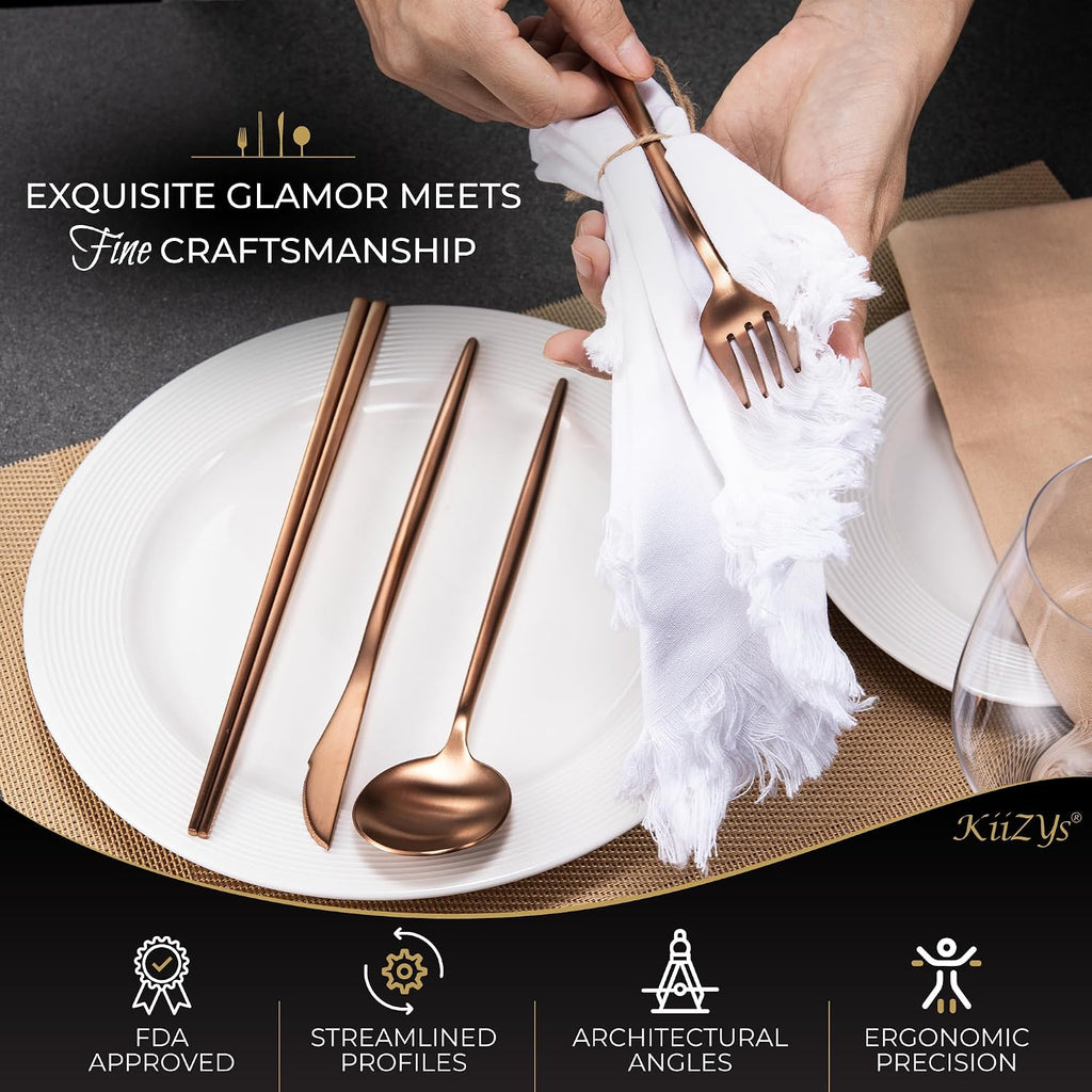 Matte Copper Silverware Set Reusable Chopsticks - KiiZYs 14-piece Stainless Steel Utensils Set Kitchen Accessories - Modern Flatware Spoon Fork Knife - Cutlery Set Gift Box (Matte Copper, 2 Sets)