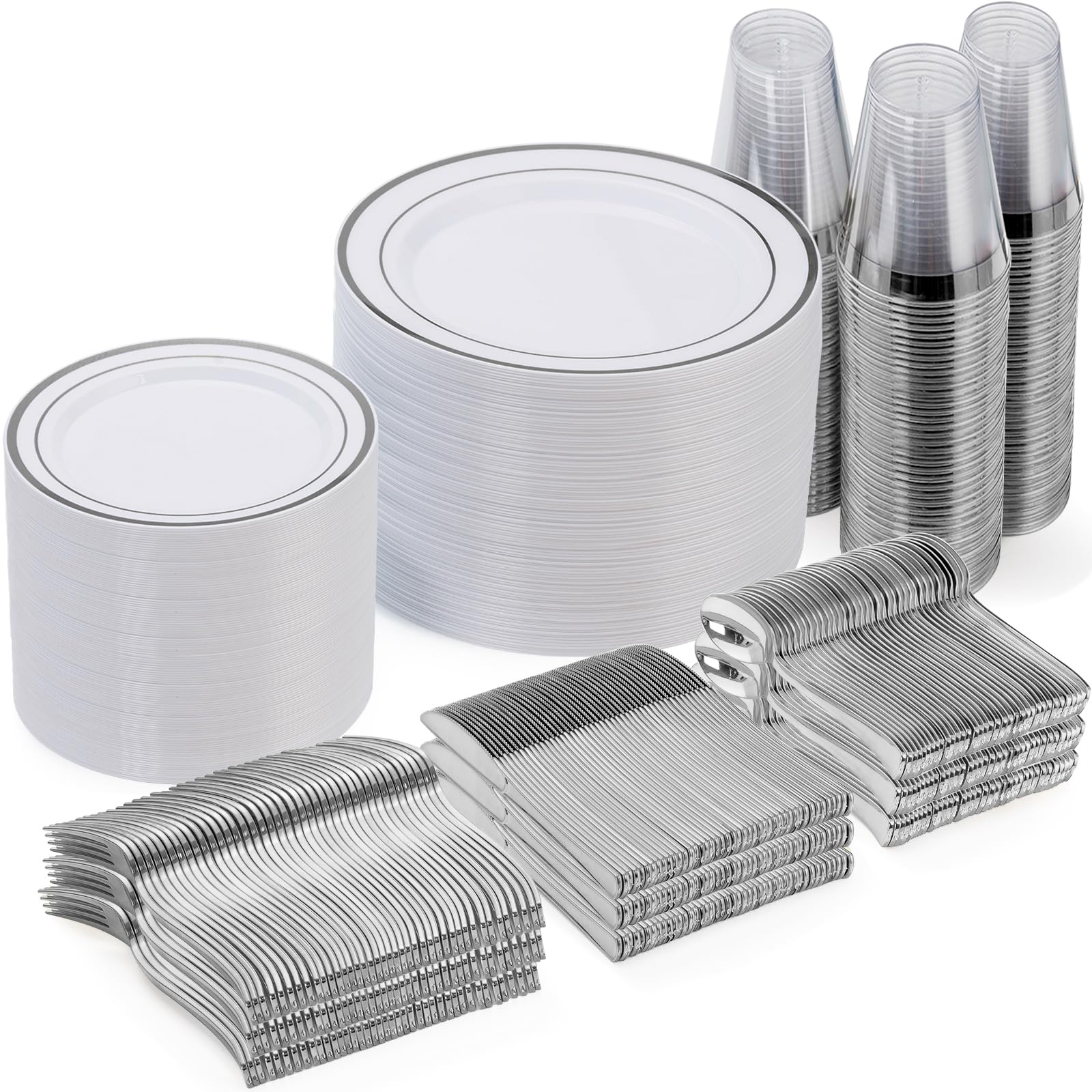 600 Pieces Gold Disposable Plastic Plates for 100 Guests | Include: Dinnerware Set of 100 Dinner and 100 Dessert Plates, 100 Spoons, 100 Forks, 100 Knives, 100 Cups Plates for Party