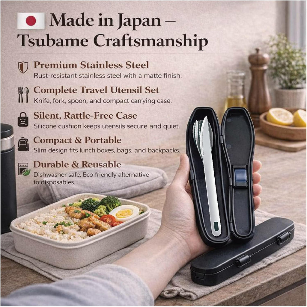 Travel Utensils Set with Case [Made in Japan] Matte Finish Knife Fork Spoon Noise Free Portable Case Lunch Box Cutlery Set for Work Reusable Stainless Steel