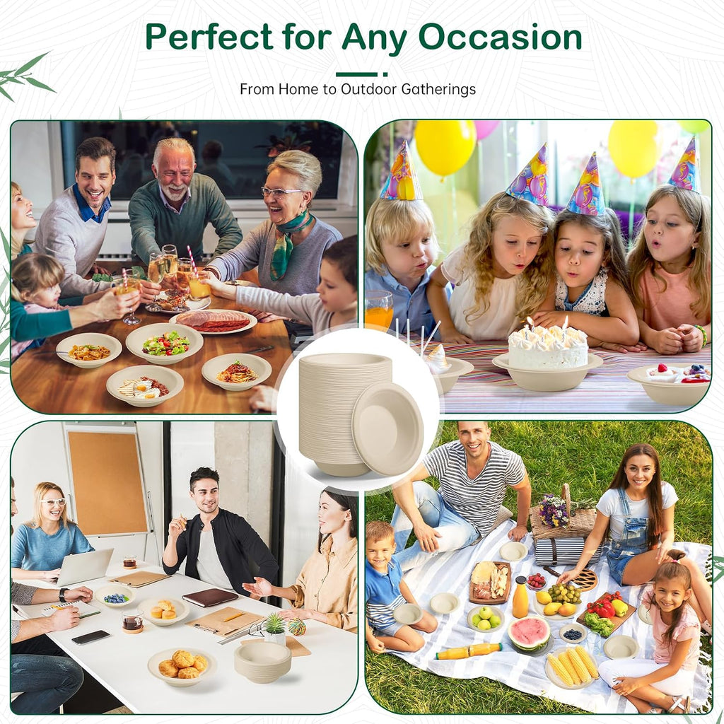 8 oz 128-Pack Compostable Paper Bowls, Small Disposable Dessert & Snack Bowls, Heavy-Duty Bagasse Bowls for Ice Cream, Sauce & Kids Meals, Microwave & Freezer Safe, Eco-Friendly (Natural)