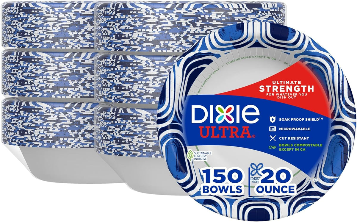 Dixie Ultra, Large Paper Bowls, 20 Oz, 150 Count (6 packs of 25 bowls), Microwave Safe, Compostable, Disposable Bowls Great For Breakfast, Lunch, And Dinner Meals