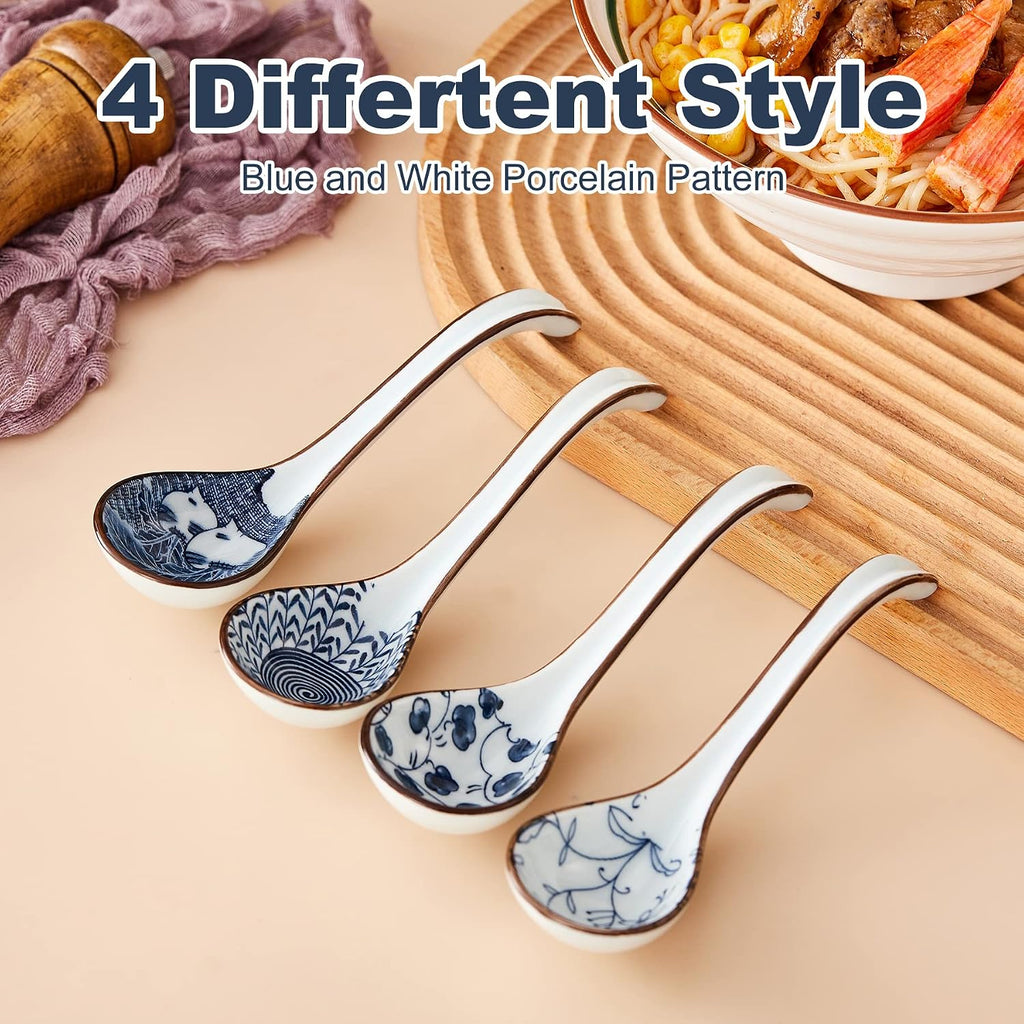 Ceramic Asian Soup Spoons, Easy to Hold, Long Handle Perfect Depth Spoon Set for Japanese Ramen Noodles, Chinese Dumpling, Pho, Miso, Wonton, Dishwasher Safe -Set of 4 - Blue