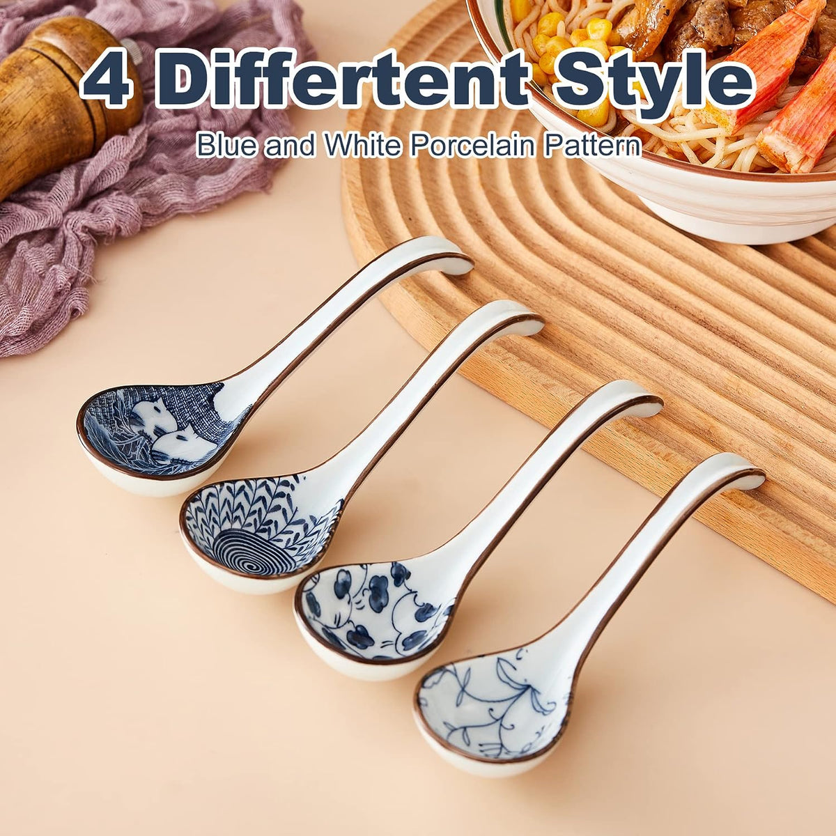 Ceramic Asian Soup Spoons, Easy to Hold, Long Handle Perfect Depth Spoon Set for Japanese Ramen Noodles, Chinese Dumpling, Pho, Miso, Wonton, Dishwasher Safe -Set of 4 - Blue