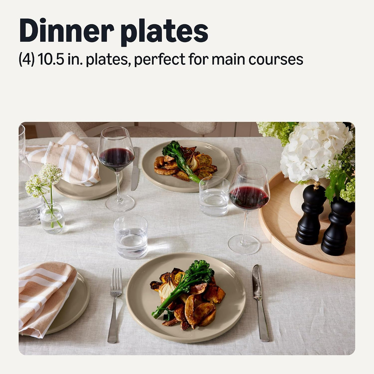 Amazon Basics Glazed Stoneware Dinner Plates, Ceramic 4-Piece Set, Microwave, Dishwasher and Freezer-Safe, Modern Design, 10.5 in., Linen Gray