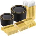 600 Pieces Gold Disposable Plastic Plates for 100 Guests | Include: Dinnerware Set of 100 Dinner and 100 Dessert Plates, 100 Spoons, 100 Forks, 100 Knives, 100 Cups Plates for Party