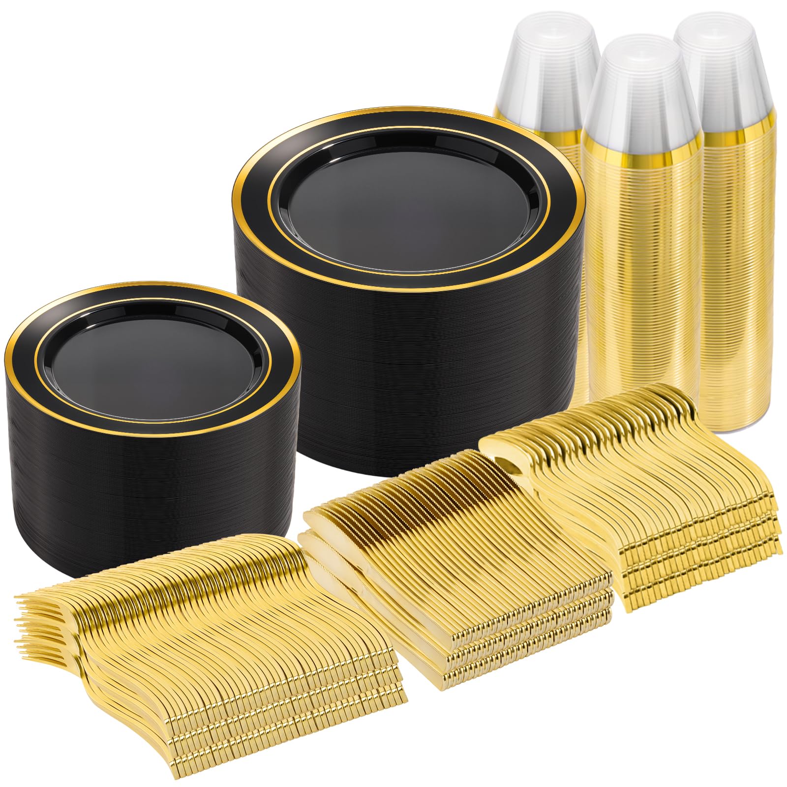 600 Pieces Gold Disposable Plastic Plates for 100 Guests | Include: Dinnerware Set of 100 Dinner and 100 Dessert Plates, 100 Spoons, 100 Forks, 100 Knives, 100 Cups Plates for Party