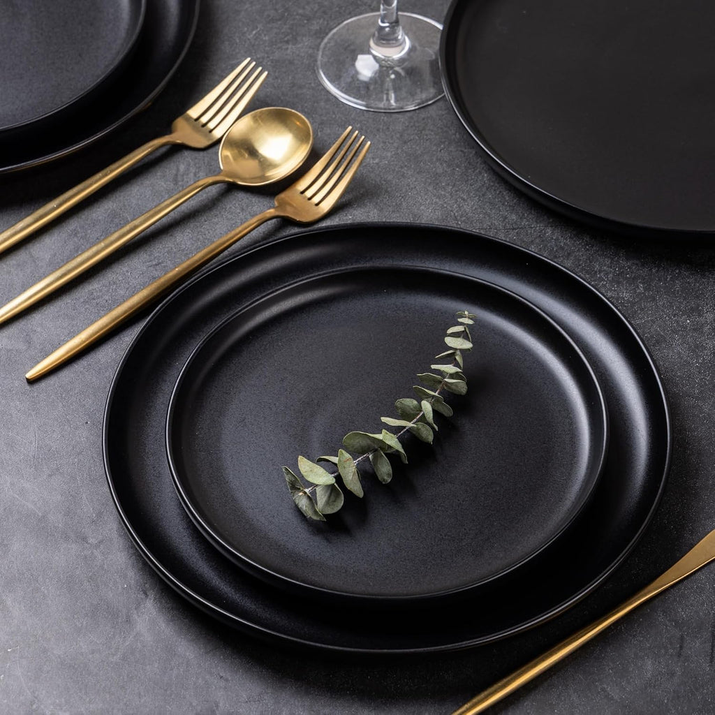 AmorArc Ceramic Dinner Plates Set of 6, 10.25 Inch Stoneware Dishes Set | Wavy Rim Shape Dinnerware Plates for Kitchen, Microwave & Dishwasher Safe, Scratch Resistant-Matte Black