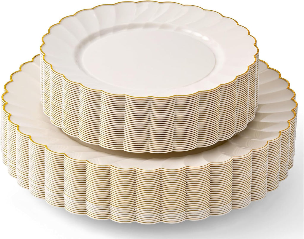HEAVYWEIGHT Ivory Gold Scalloped Plastic Plates for Party 60 Pcs | 30% Heavier, 30 Dinner & 30 Dessert Heavy Duty Disposable Plates, Fancy Plastic Plates Wedding Shower (30 Guests))