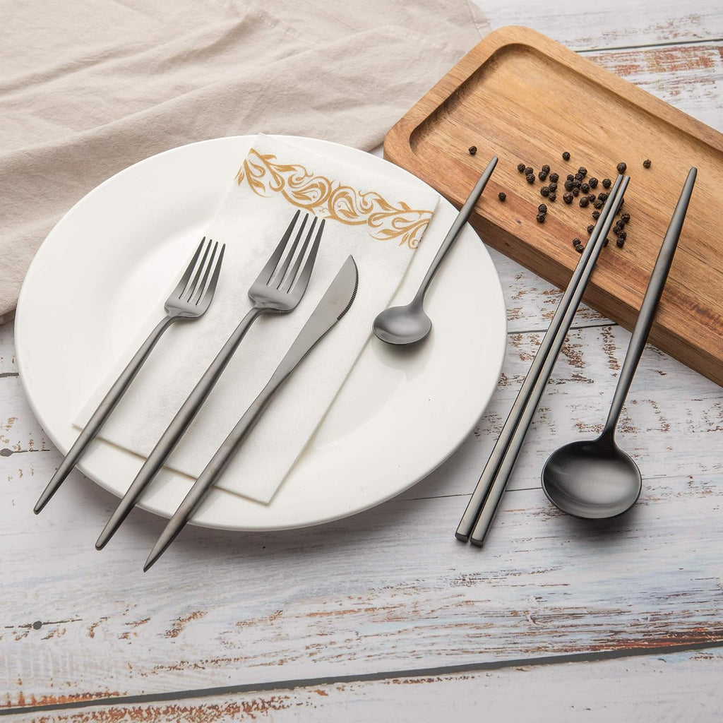 KiiZYs Matte Black Flatware Set - 14-piece Modern Silverware Set Stainless Steel Utensils - Metal Chopsticks Kitchen Cutlery Fork Spoon Knife - Dishwasher Safe House Warming Gift Box (Black, 2 Sets)